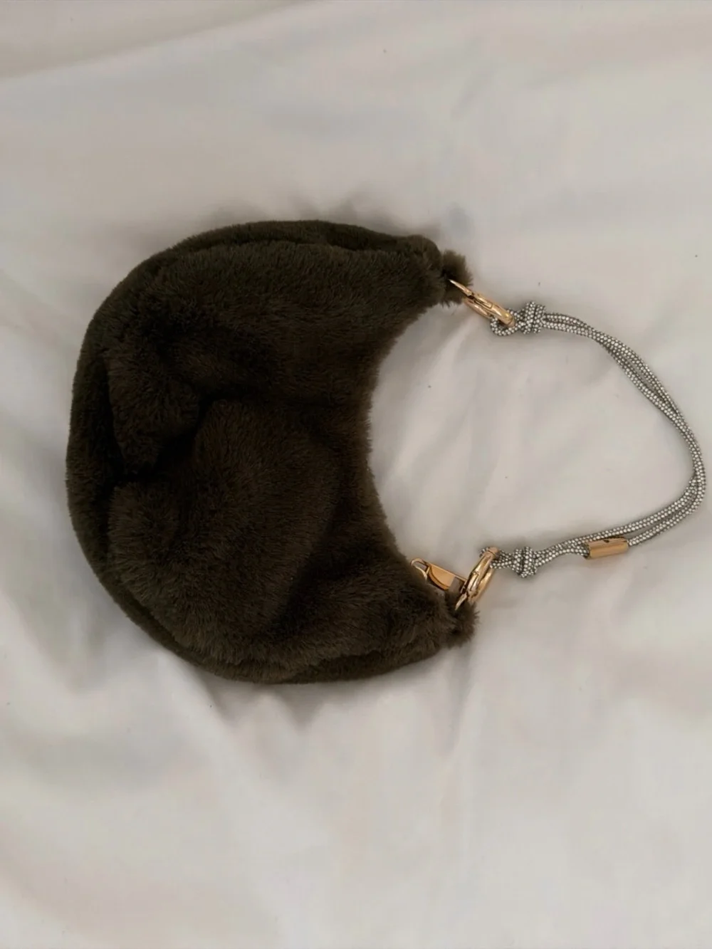 Olive Faux-Fur Shoulder Bag with Gold Rings
